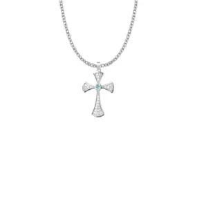 1 Inch Sterling Silver Flared Cross Necklace with Aqua Glass CZ Stone Center