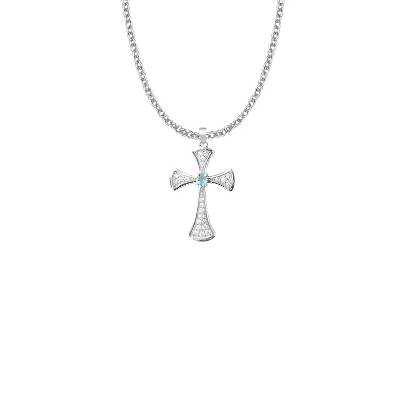 1 Inch Sterling Silver Flared Cross Necklace with Aqua Glass CZ Stone Center