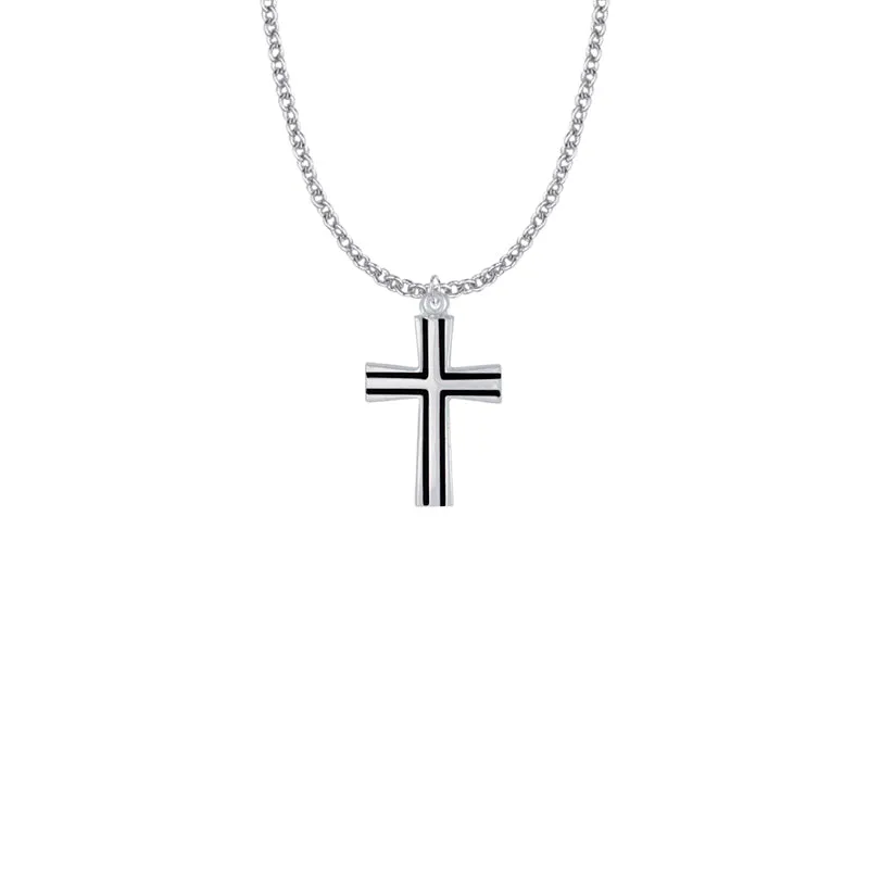 1 Inch Sterling Silver Flared Cross with Black Enamel Detailing Necklace
