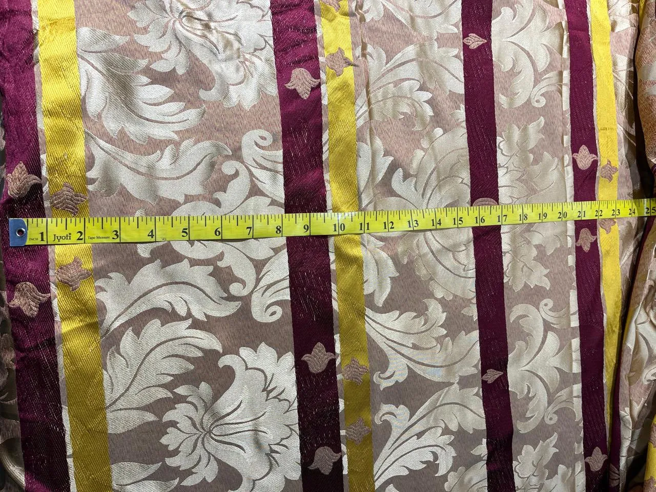 100% Silk Taffeta Jacquard Fabric  REVERSABLE one side floral gold  with yellow gold and wine stripes and other side floral gold with hints of wine TAFJACNEW18