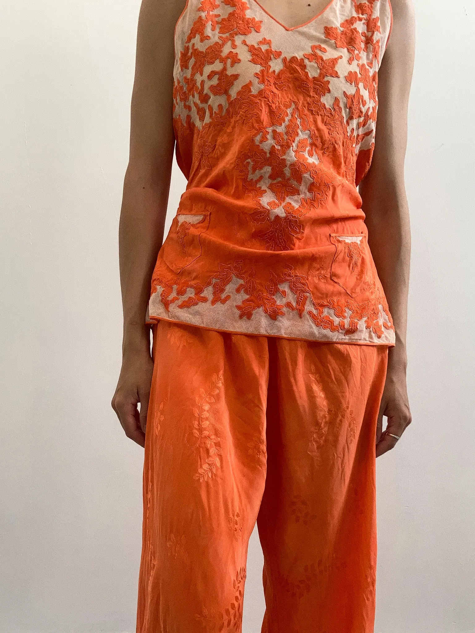 1930s Silk & Floral Lace Dyed Pyjama Set - Sunset