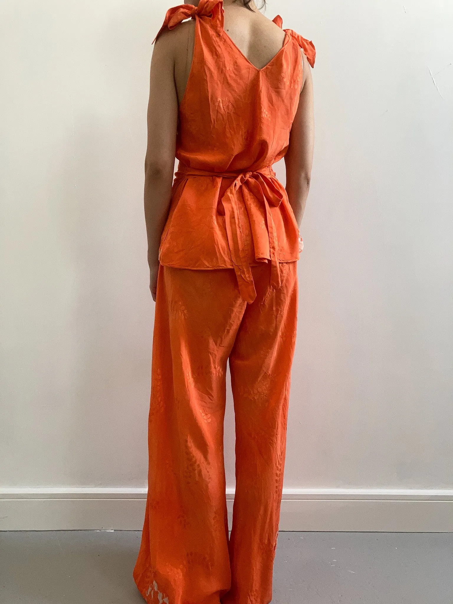 1930s Silk & Floral Lace Dyed Pyjama Set - Sunset