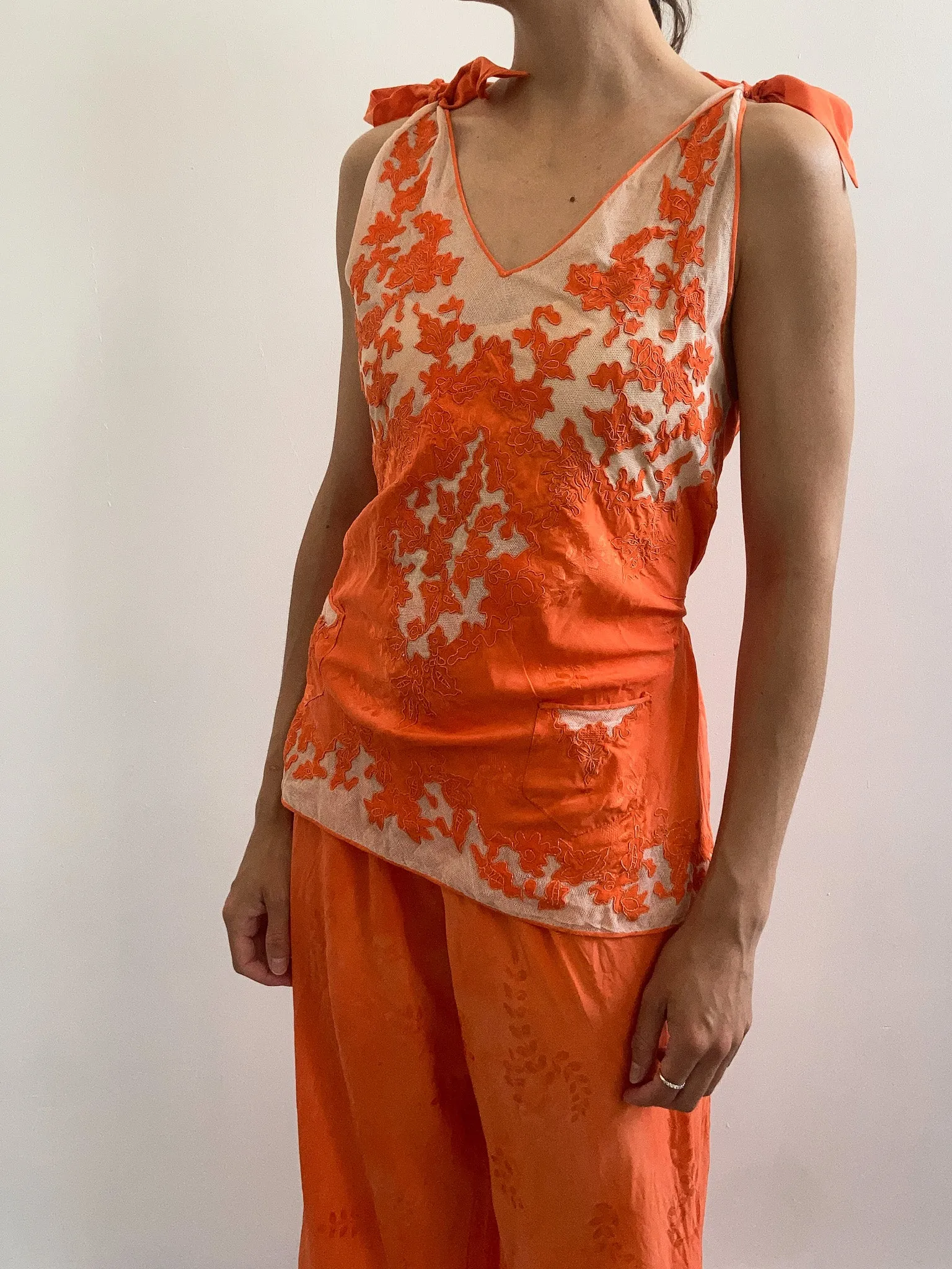 1930s Silk & Floral Lace Dyed Pyjama Set - Sunset