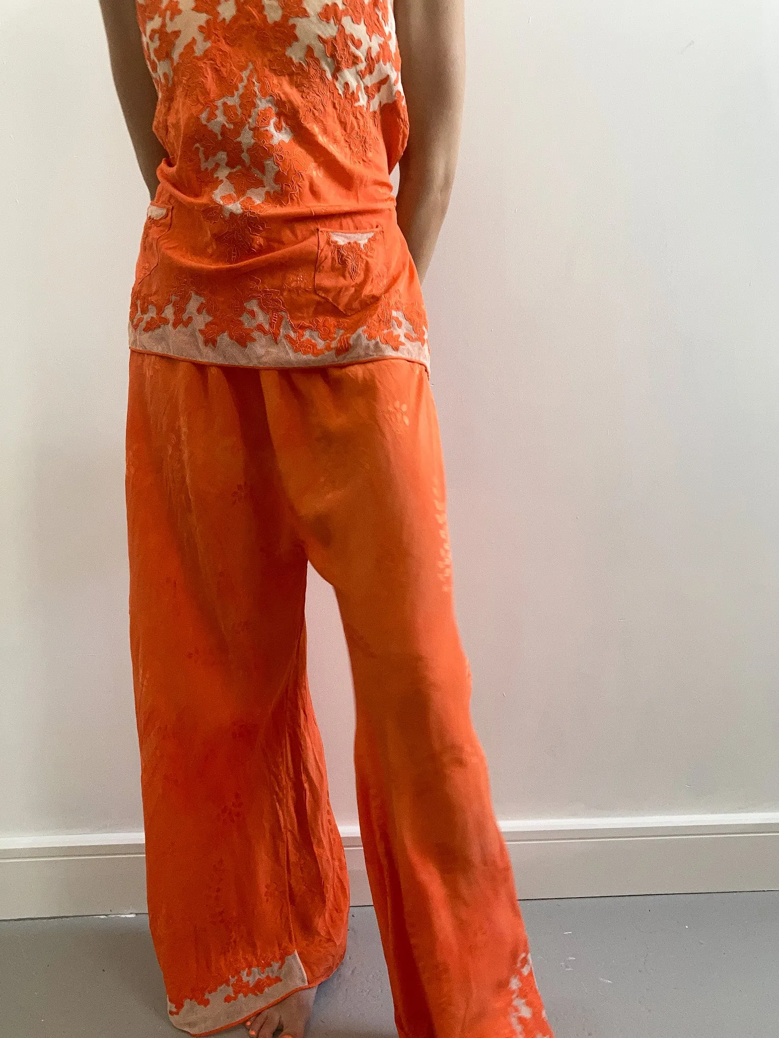 1930s Silk & Floral Lace Dyed Pyjama Set - Sunset