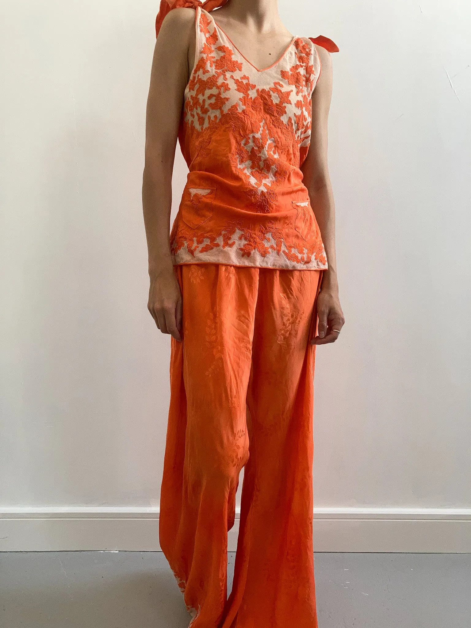 1930s Silk & Floral Lace Dyed Pyjama Set - Sunset