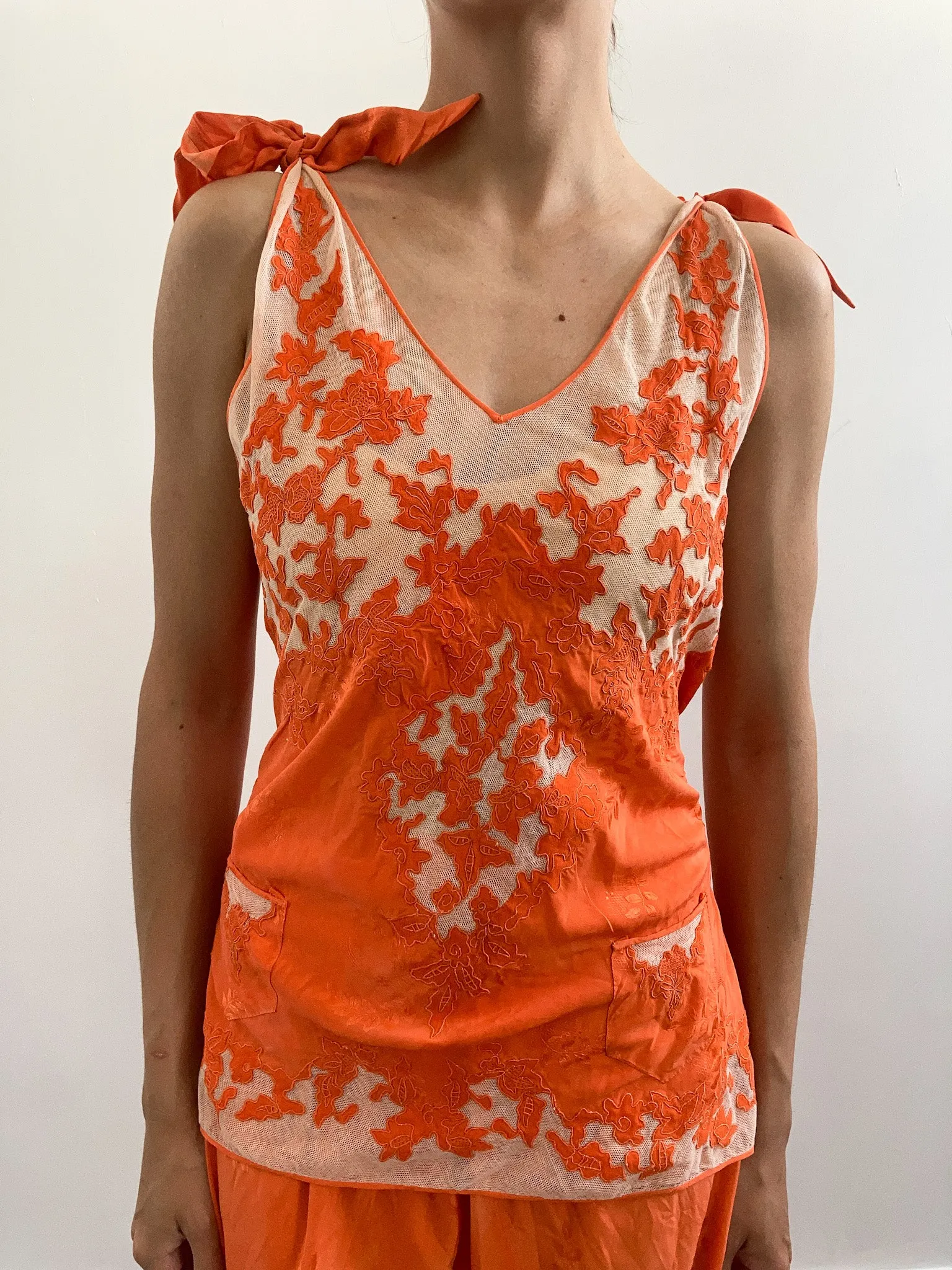 1930s Silk & Floral Lace Dyed Pyjama Set - Sunset