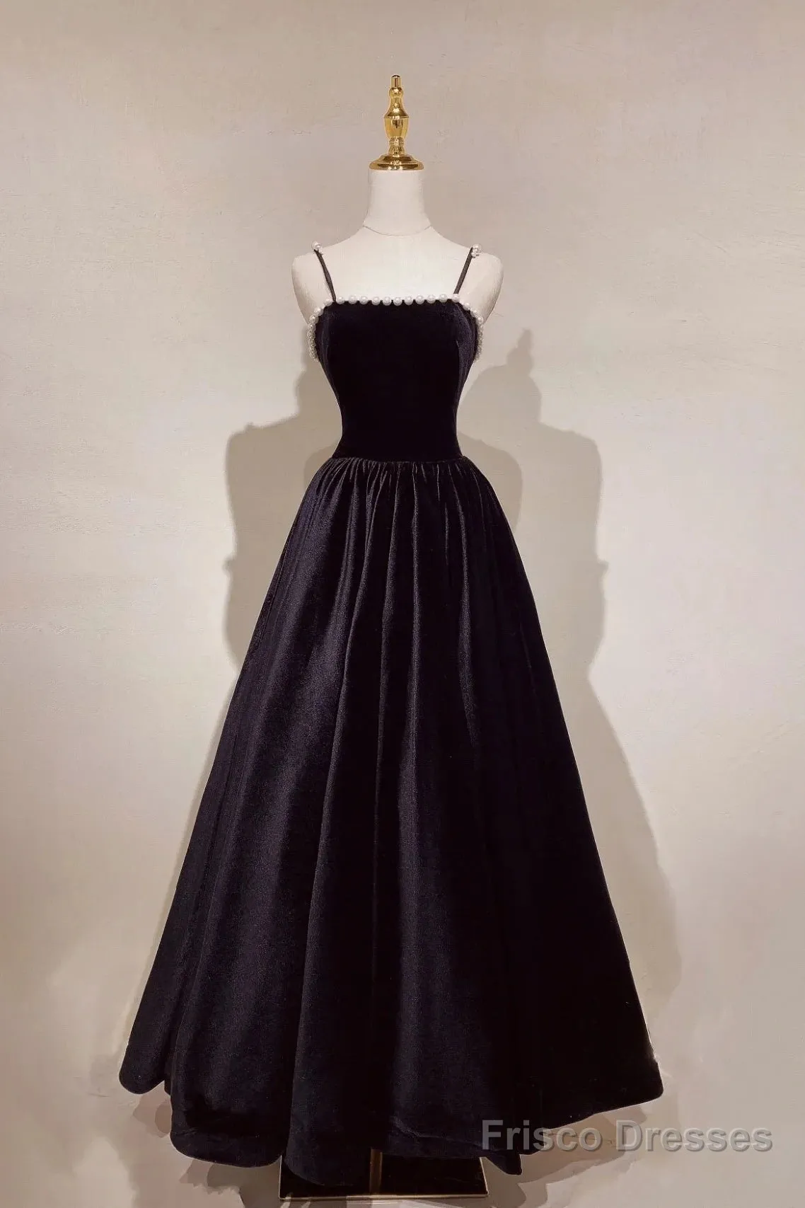 A Line Black Velvet Long Prom Dress Beaded Birthday Party Dress