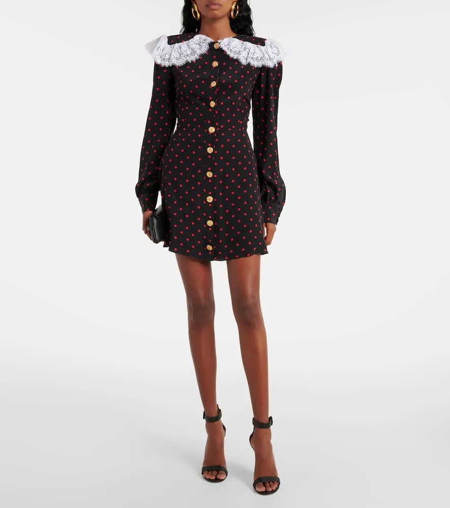 Alessandra Rich Polka-dot lace-trimmed silk minidress