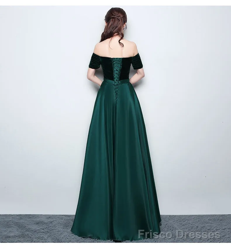 Beautiful Satin And Velvet Long Party Dress, Simple Off Shoulder Prom Dress