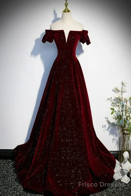 Beautiful Wine Red Off Shoulder Velvet Long Party Dress, A-Line Dark Red Prom Dresses