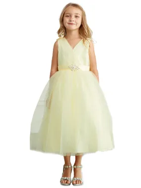 Big Girls Yellow Satin Sash Pleated Tulle Junior Bridesmaid Dress 8-16