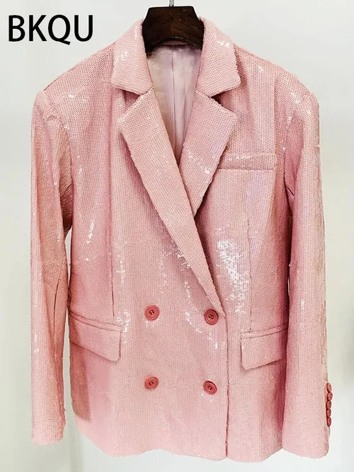 BKQU Oversized Sequin/Solid Double Breasted Blazer