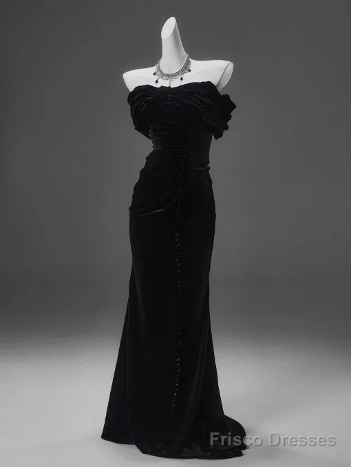 Black Mermaid Off-The-Shoulder Velvet Long Prom Dress, Elegant Quinceanera Dress