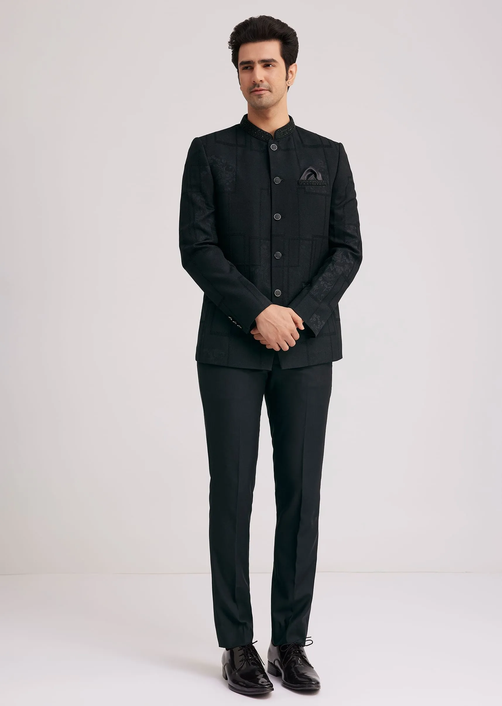 Black Silk Jodhpuri Suit With Floral Motifs And Cut Dana Work