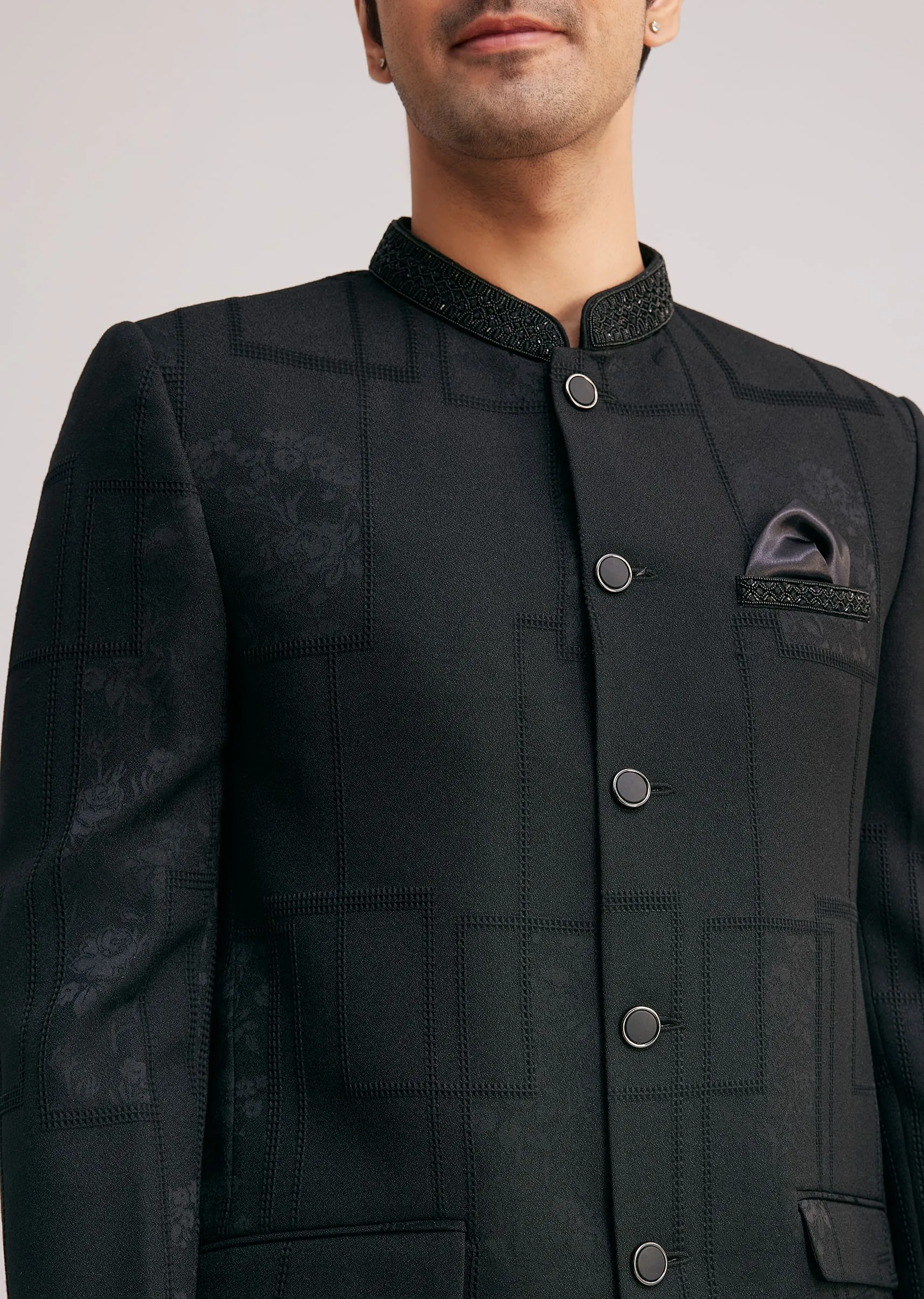 Black Silk Jodhpuri Suit With Floral Motifs And Cut Dana Work