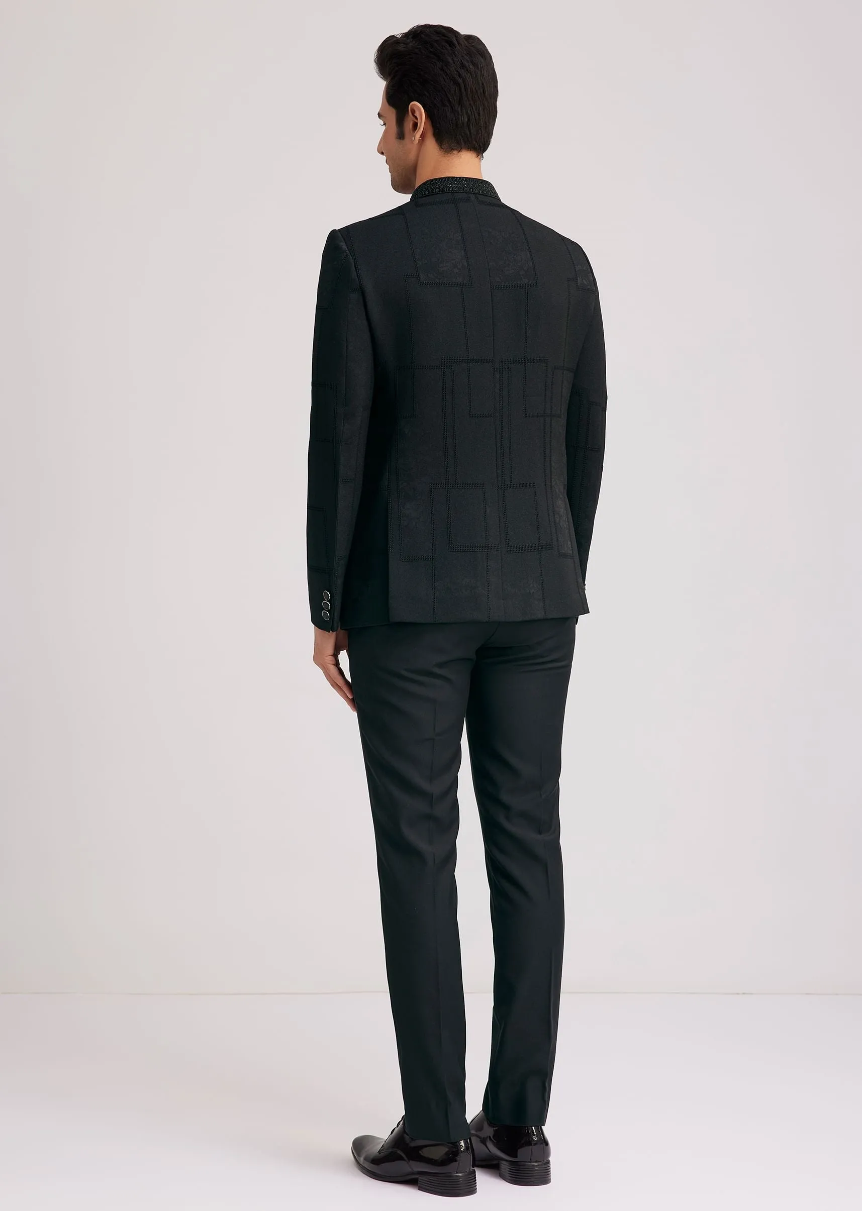 Black Silk Jodhpuri Suit With Floral Motifs And Cut Dana Work