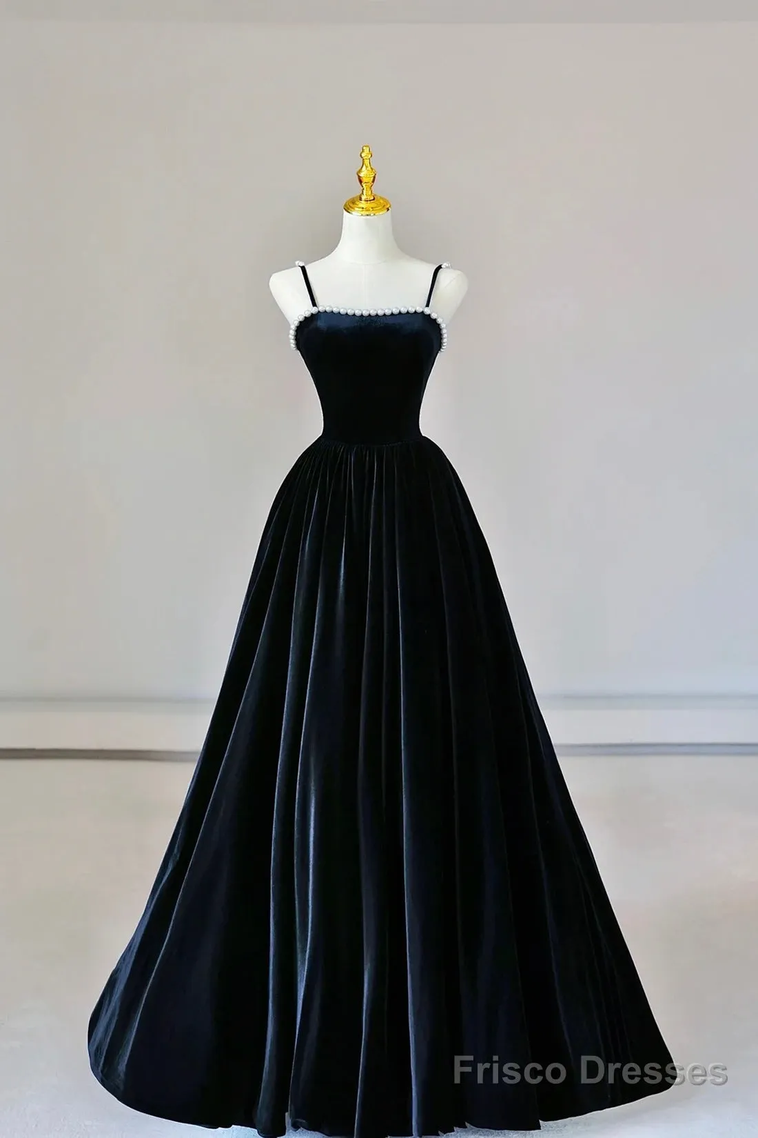 Black Spaghetti Strap Velvet Long Prom Dress With Pearls, A-Line Evening Dress Party Dress