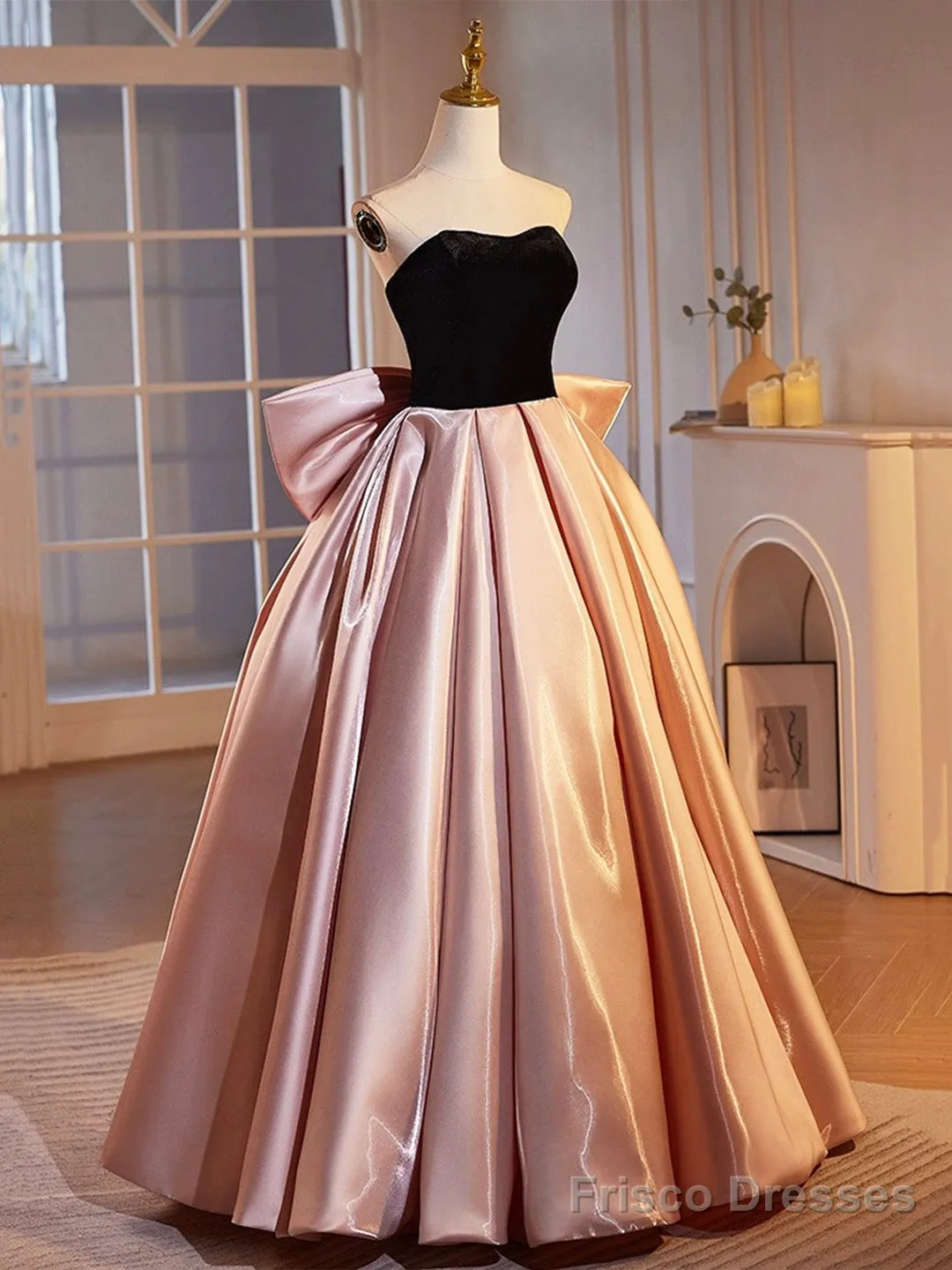 Black Velvet And Pink Satin Floor Length Prom Dress, Beautiful A-Line Strapless Party Dress