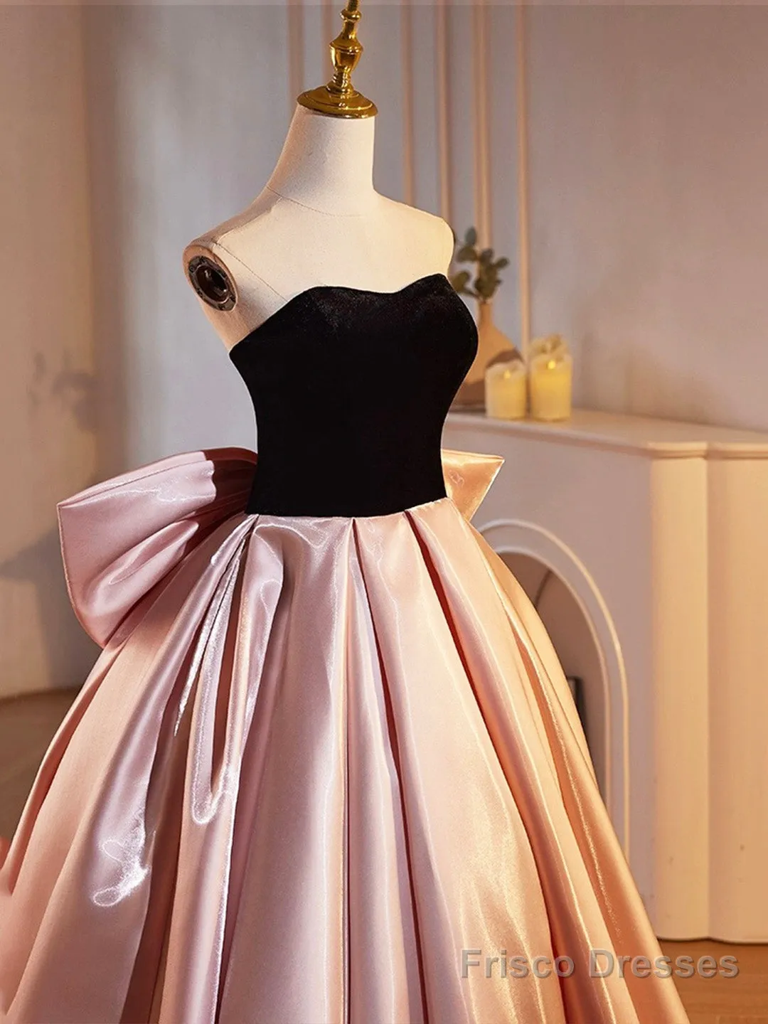 Black Velvet And Pink Satin Floor Length Prom Dress, Beautiful A-Line Strapless Party Dress