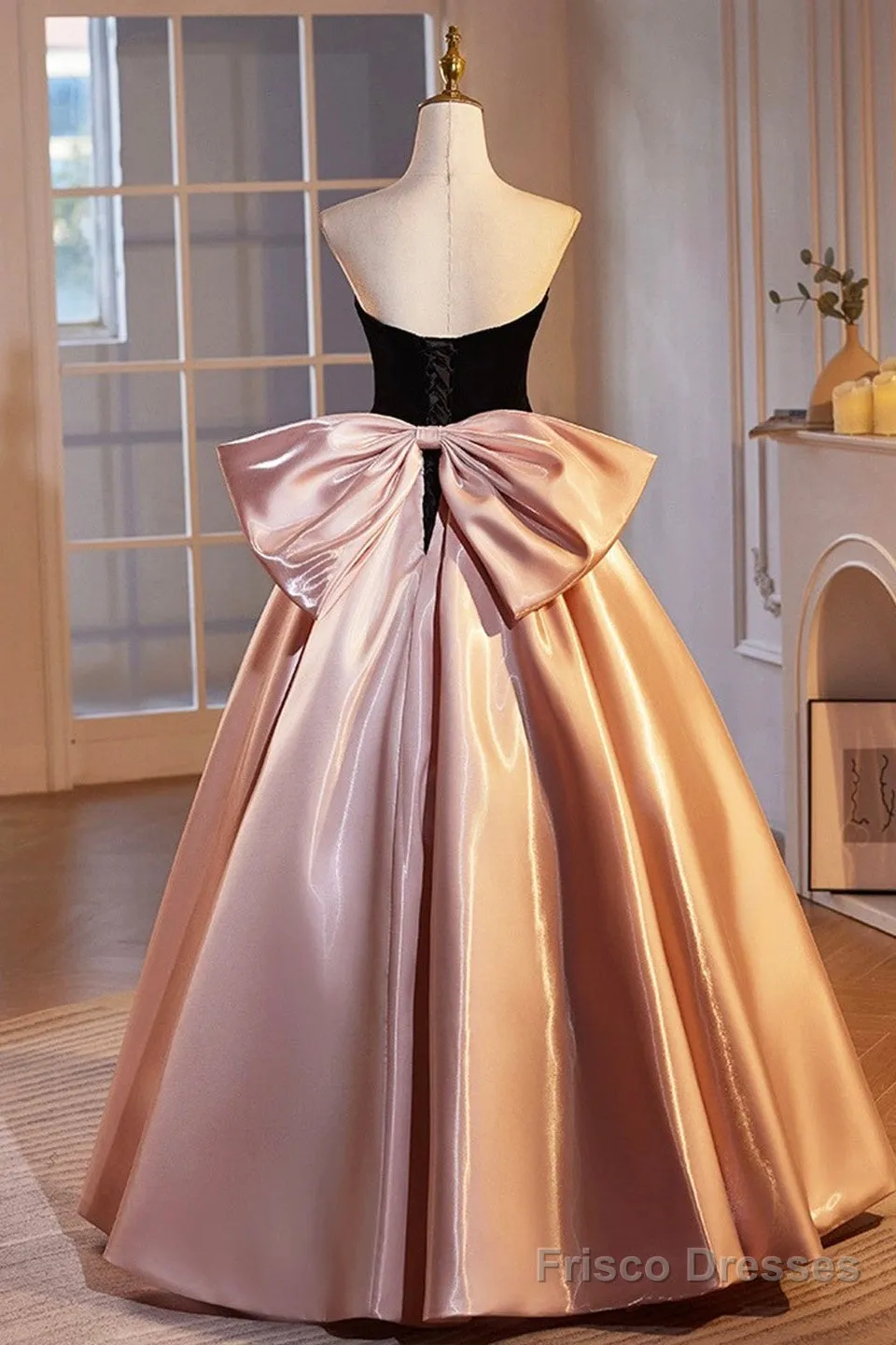 Black Velvet And Pink Satin Floor Length Prom Dress, Beautiful A-Line Strapless Party Dress