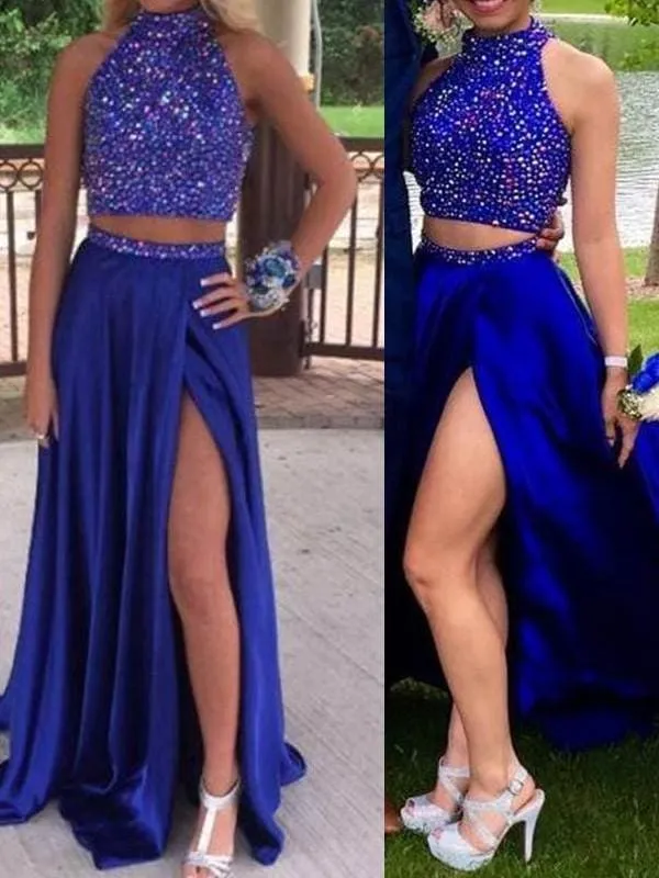 Bridelily A-Line Elastic Woven Satin High Neck Sleeveless Sweep/Brush Train With Beading Two Piece Dresses