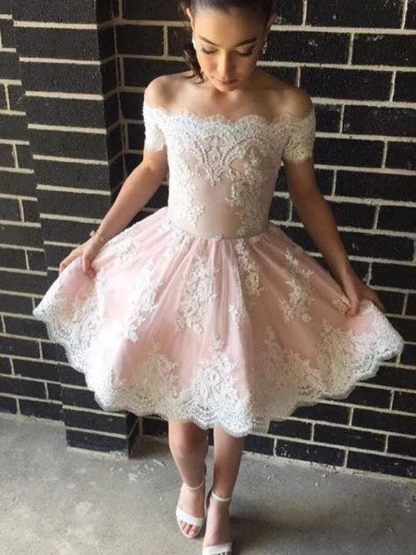 Bridelily A-Line Lace Off-the-Shoulder Sleeveless Short/Mini With Applique Dresses