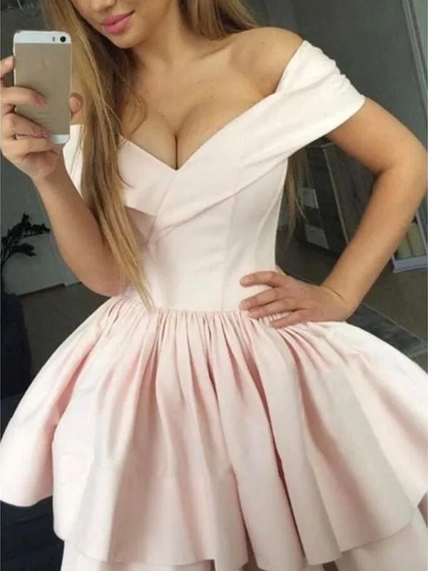 Bridelily A-Line Satin Sleeveless Ruched Off-the-Shoulder Short/Mini Dresses
