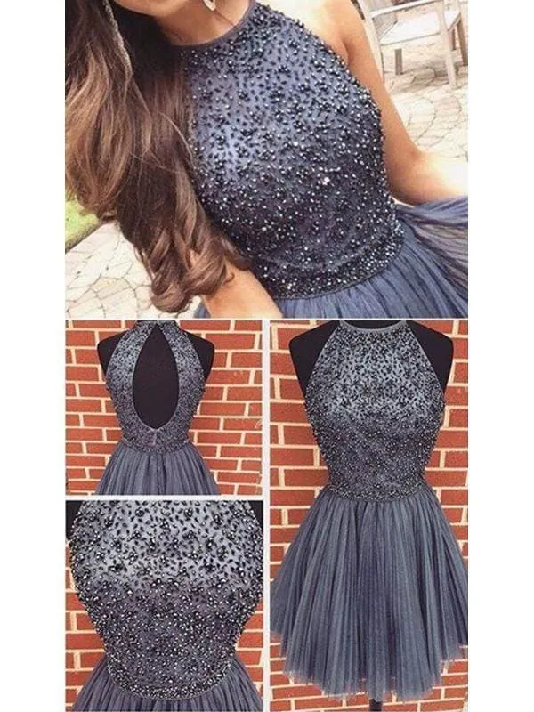 Bridelily A-Line Tulle Scoop SleevelessWith Beading Short Prom Dresses