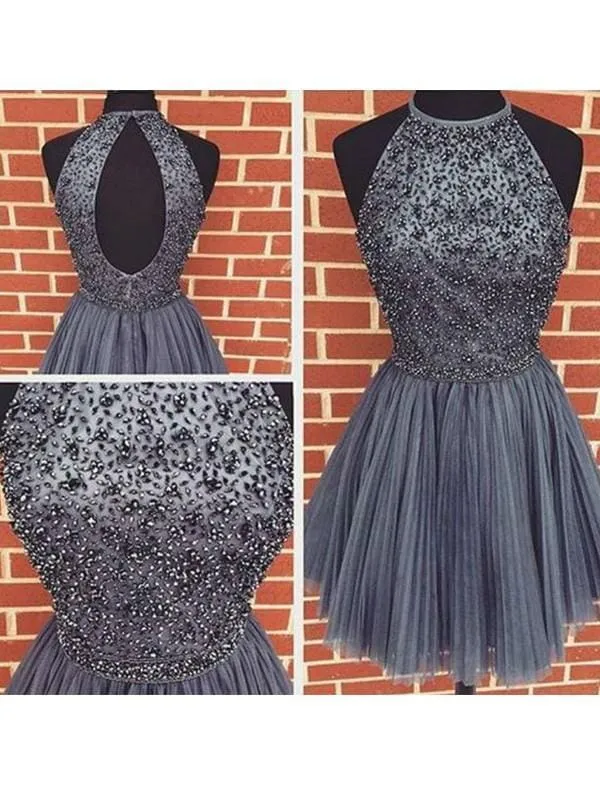 Bridelily A-Line Tulle Scoop SleevelessWith Beading Short Prom Dresses
