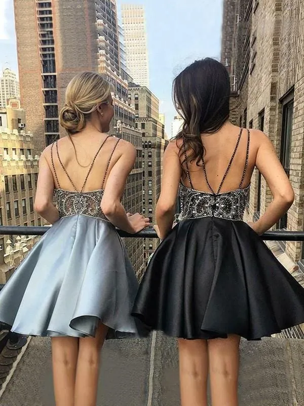 Bridelily A-Line With Beading V-neck Satin Sleeveless Short/Mini Dresses