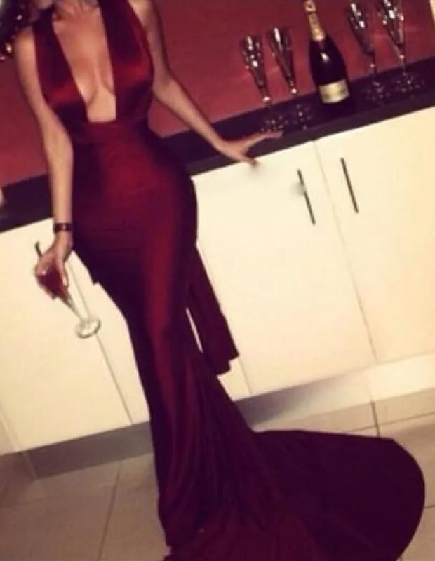 Bridelily Burgundy 2019 Mermaid Prom Dresses Sexy Cross Back Cheap Evening Gowns