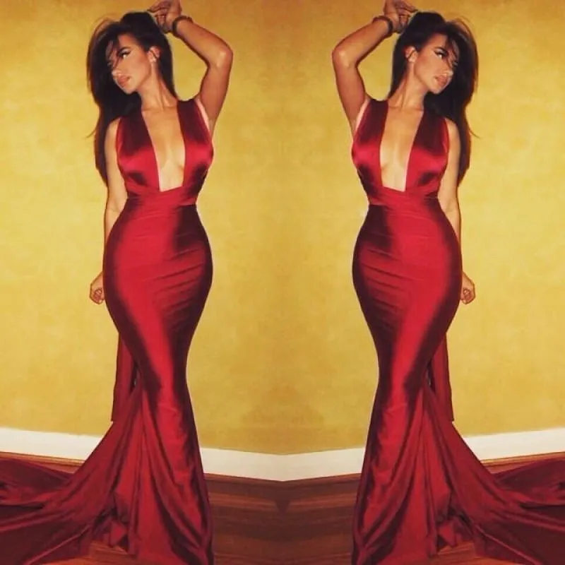 Bridelily Burgundy 2019 Mermaid Prom Dresses Sexy Cross Back Cheap Evening Gowns