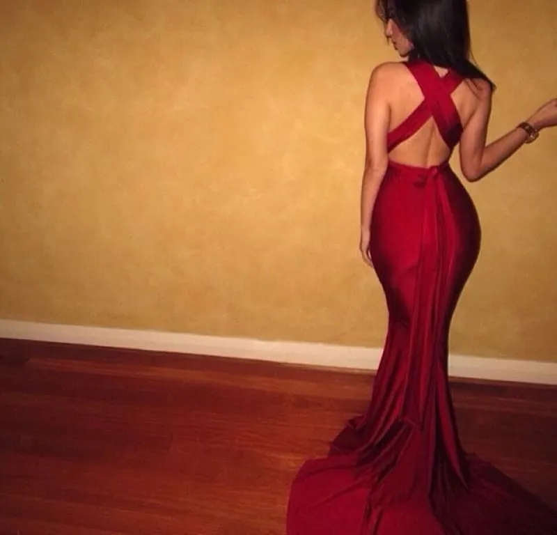Bridelily Burgundy 2019 Mermaid Prom Dresses Sexy Cross Back Cheap Evening Gowns