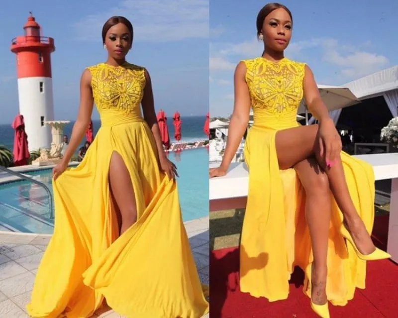 Bridelily Yellow Chiffon Side-Slit High-Neck Sleeveless Sexy Long Evening Dresses