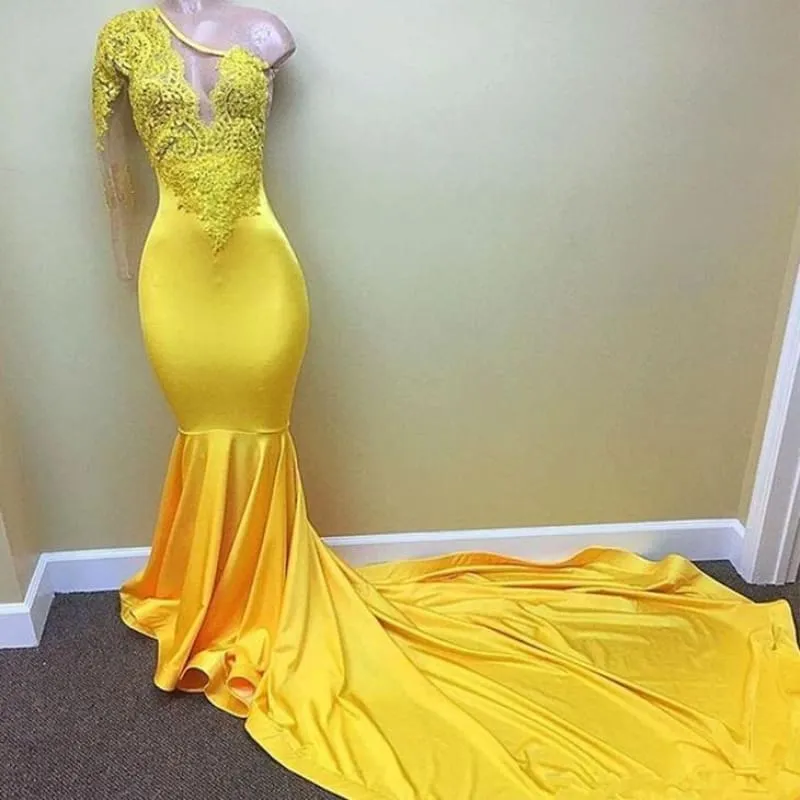 Bridelily Yellow one shoulder mermaid prom dress, lace evening dresses 2019