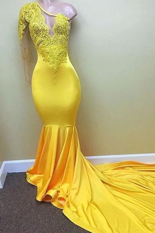 Bridelily Yellow one shoulder mermaid prom dress, lace evening dresses 2019