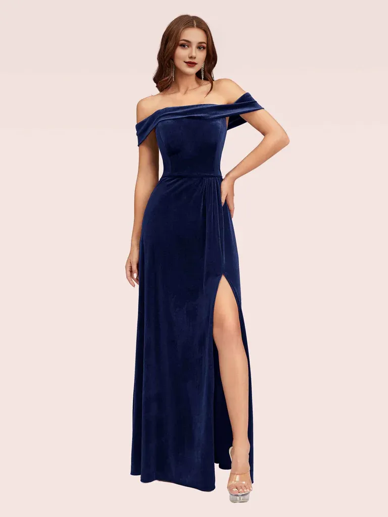 Bridesmaid Dresses Elegant Stretch Velvet Off Shoulder Side Slit