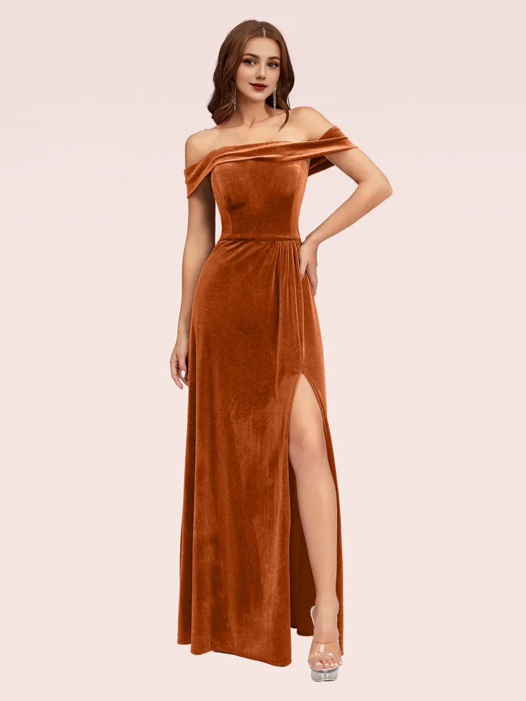 Bridesmaid Dresses Elegant Stretch Velvet Off Shoulder Side Slit