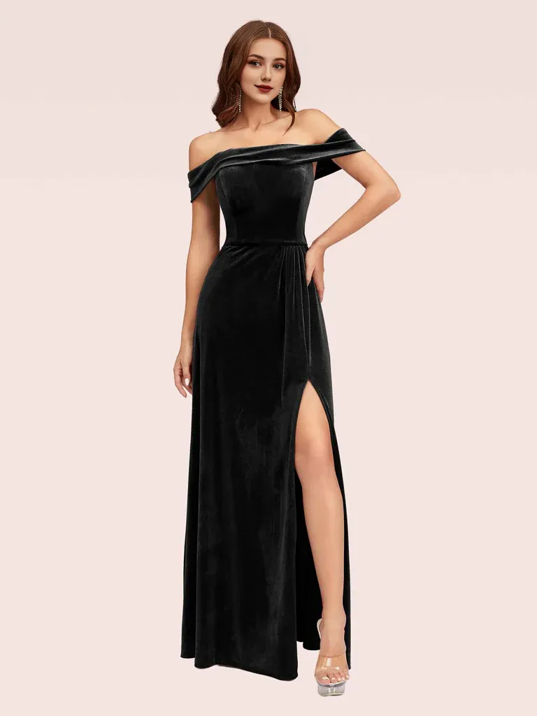 Bridesmaid Dresses Elegant Stretch Velvet Off Shoulder Side Slit