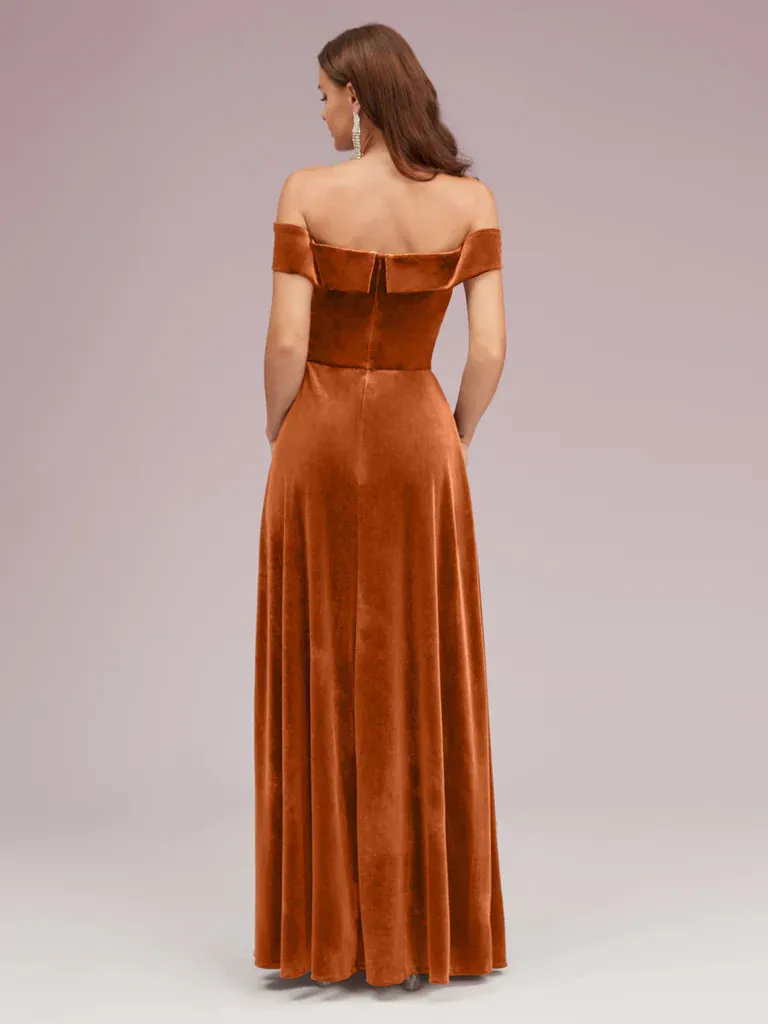 Bridesmaid Dresses Elegant Stretch Velvet Off Shoulder Side Slit