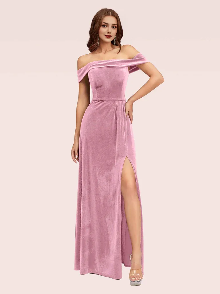 Bridesmaid Dresses Elegant Stretch Velvet Off Shoulder Side Slit