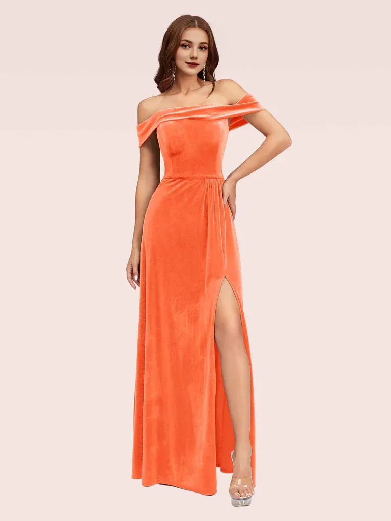Bridesmaid Dresses Elegant Stretch Velvet Off Shoulder Side Slit