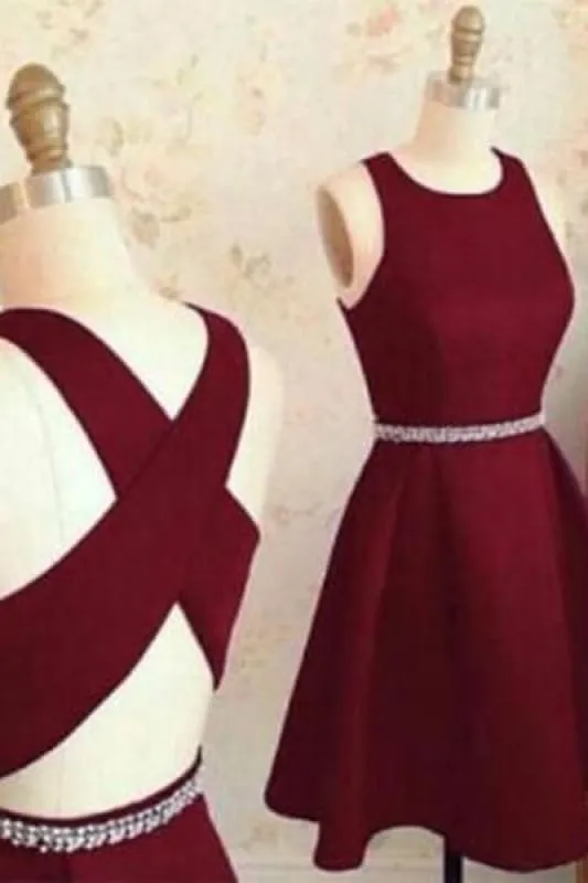 Burgundy Cute Short Prom Dresses Sleeveless Satin Homecoming Party Dress with Beads