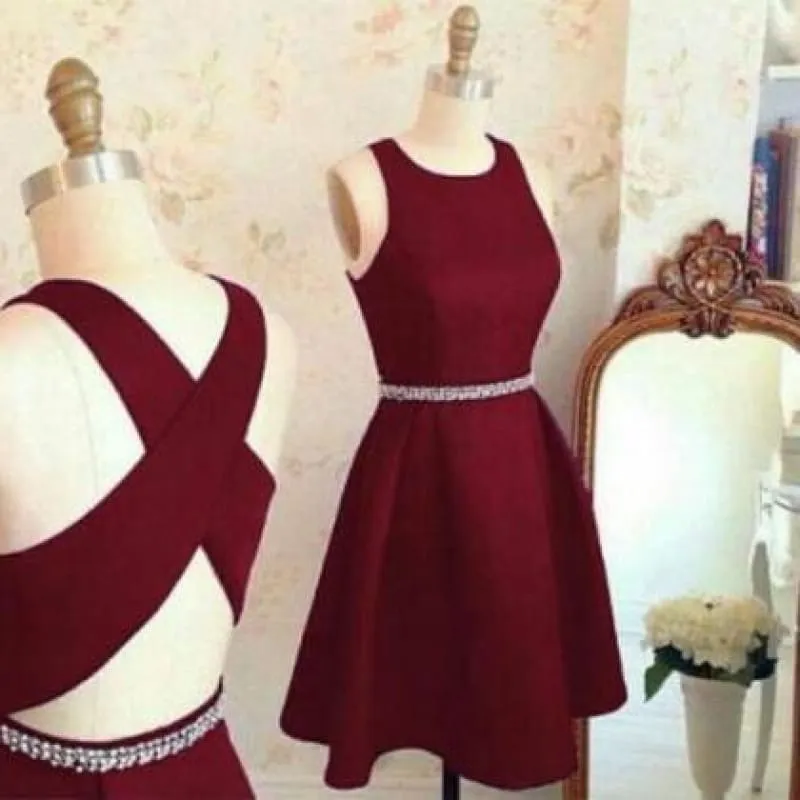 Burgundy Cute Short Prom Dresses Sleeveless Satin Homecoming Party Dress with Beads
