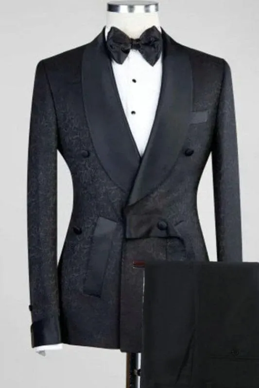 Classic Black  Shawl Lapel Double Breasted Wedding Suits Jacquard Two Pieces Blazers Pants Wedding Party Wear Prom