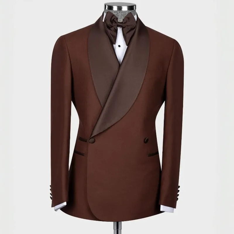 Coffee Shawl Lapel Double Breasted Wedding Suits Slim Fit Tuxedo 2 Pieces Blazers Pants