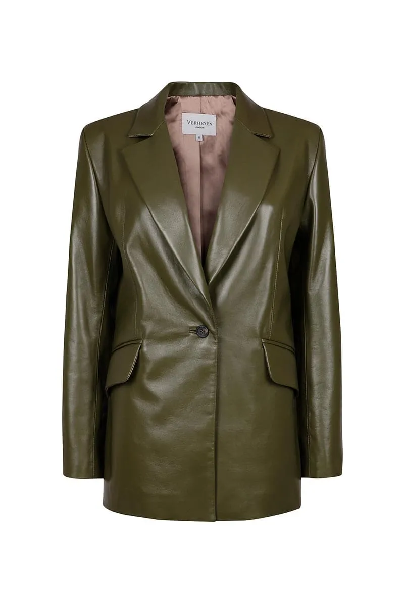 CULT MIA X VERHEYEN CHESCA OVERSIZED OLIVE LEATHER BLAZER