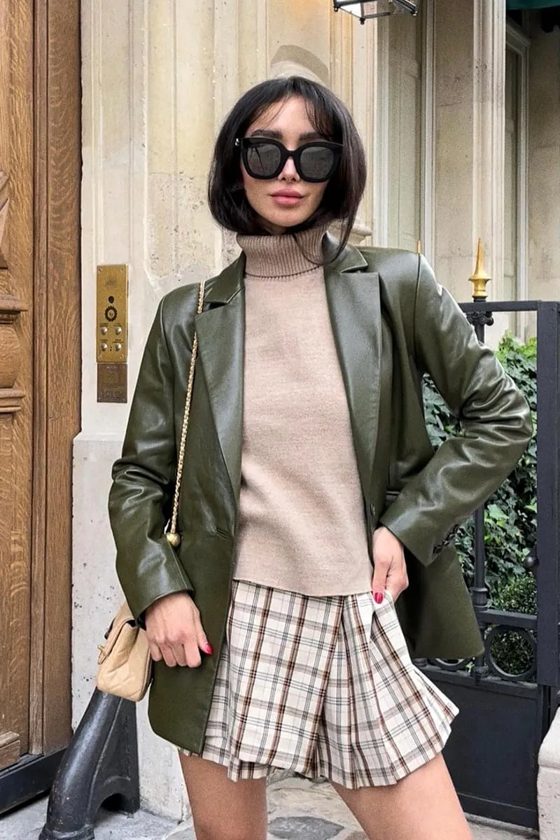 CULT MIA X VERHEYEN CHESCA OVERSIZED OLIVE LEATHER BLAZER