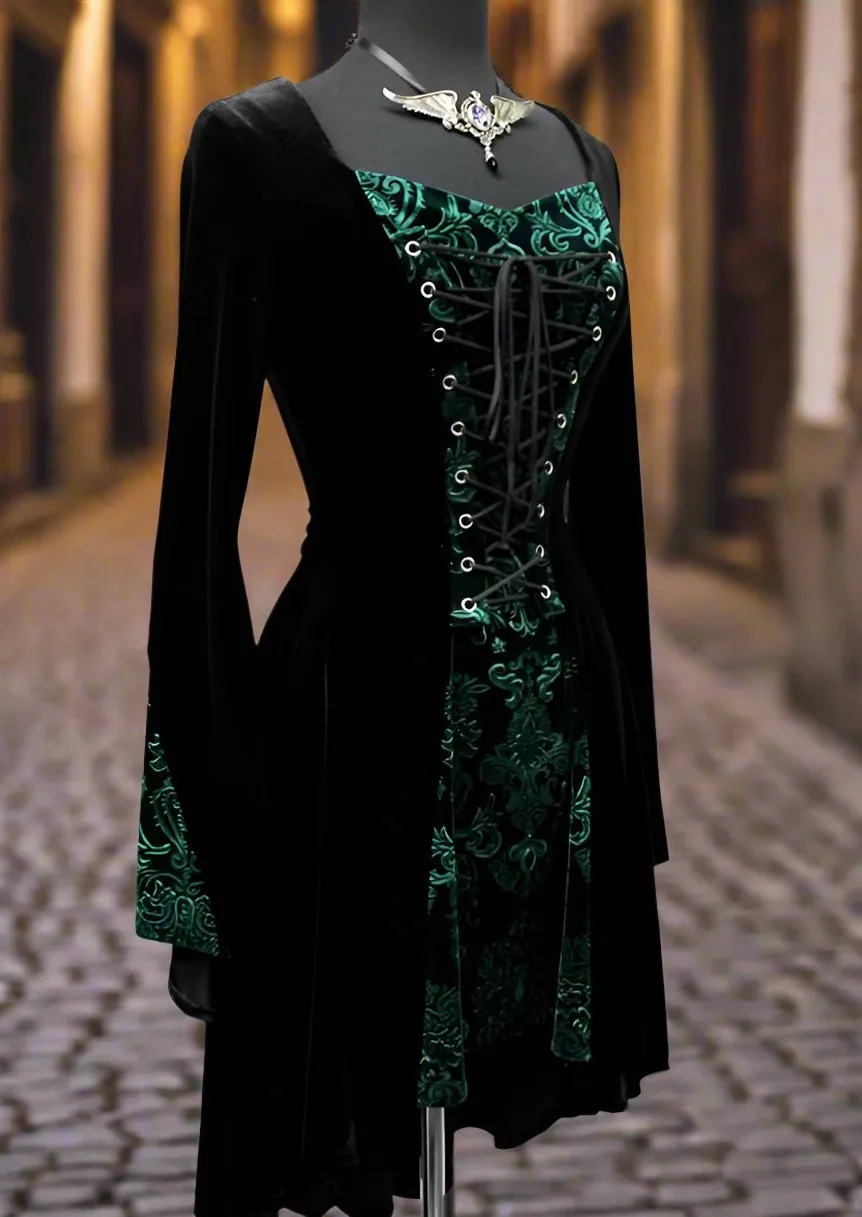 DRAGONLADY DRESS - BLACK w/ GREEN VELVET