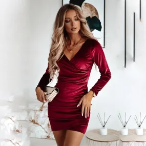 DressBetty - Elegant Gold Velvet Mini Dress Sexy Hip Dresses Solid Long Sleeve Party Dress